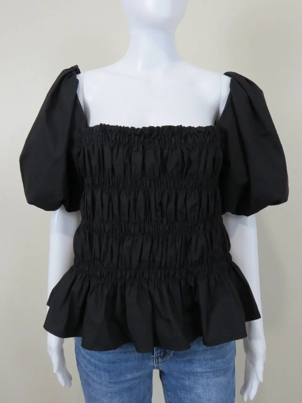 Astr Black Smocked Puff Sleeve Peplum Top